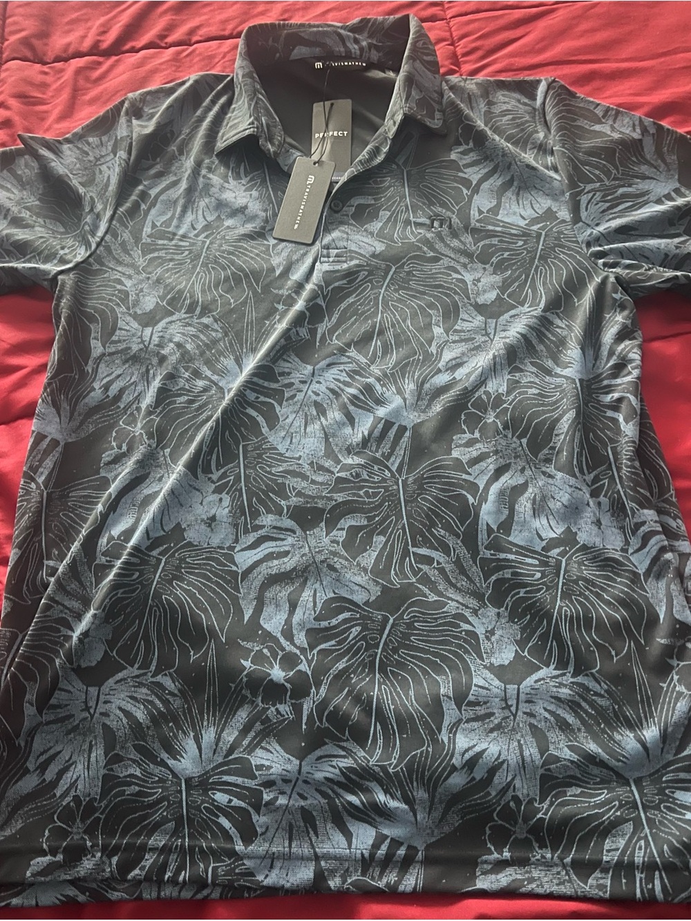 Travis Mathew Black and Blue Leaf Print Dress Shirt